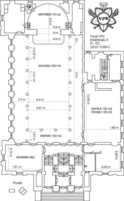 VPK:n talon pohjakuva, josta ilmenevät juhlasalikerroksen huoneiden mitat